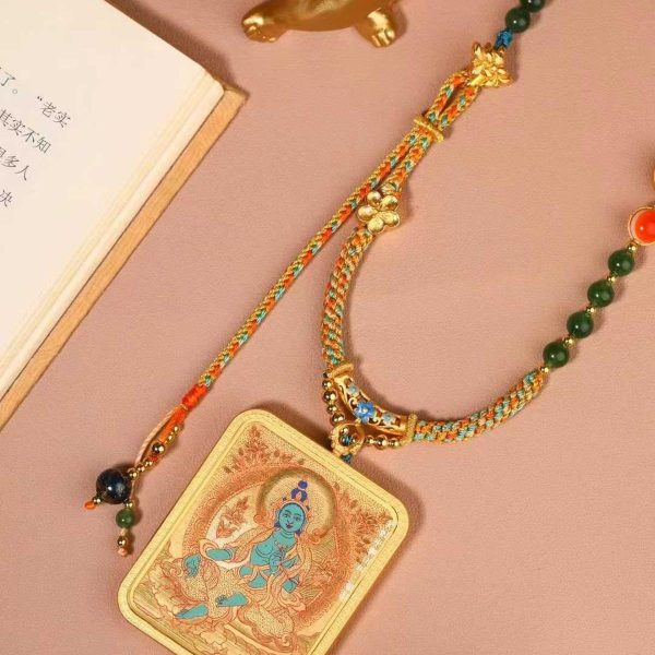 Green Tara (绿度母) Artisanal Thangka Pendant - 4x5cm Hand-painted Sacred Art for Career Success & Inner Peace