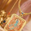 Green Tara (绿度母) Artisanal Thangka Pendant - 4x5cm Hand-painted Sacred Art for Career Success & Inner Peace