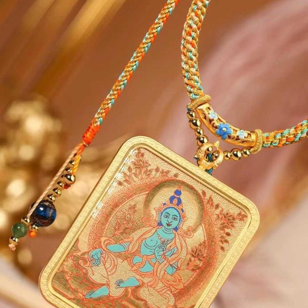 Green Tara (绿度母) Artisanal Thangka Pendant - 4x5cm Hand-painted Sacred Art for Career Success & Inner Peace