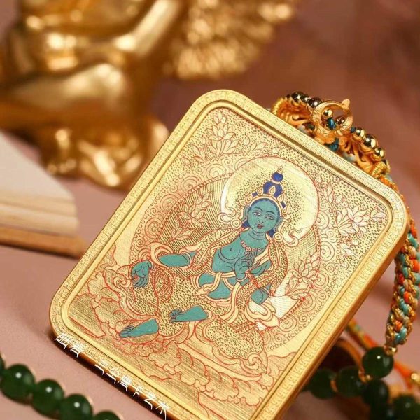 Green Tara (绿度母) Artisanal Thangka Pendant - 4x5cm Hand-painted Sacred Art for Career Success & Inner Peace