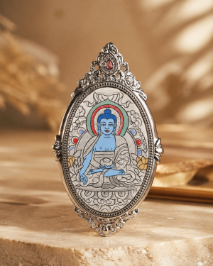Medicine Buddha Oval Thangka Pendant | Balance & Compassion Symbol - Blessora gallery image 1 Medicine Buddha Oval Thangka Pendant | Balance & Compassion Symbol - Blessora gallery image 1