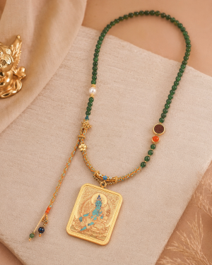 Green Tara Gold Card Thangka Pendant | Daily Calm Symbol - Blessora gallery image 1 Green Tara Gold Card Thangka Pendant | Daily Calm Symbol - Blessora gallery image 1
